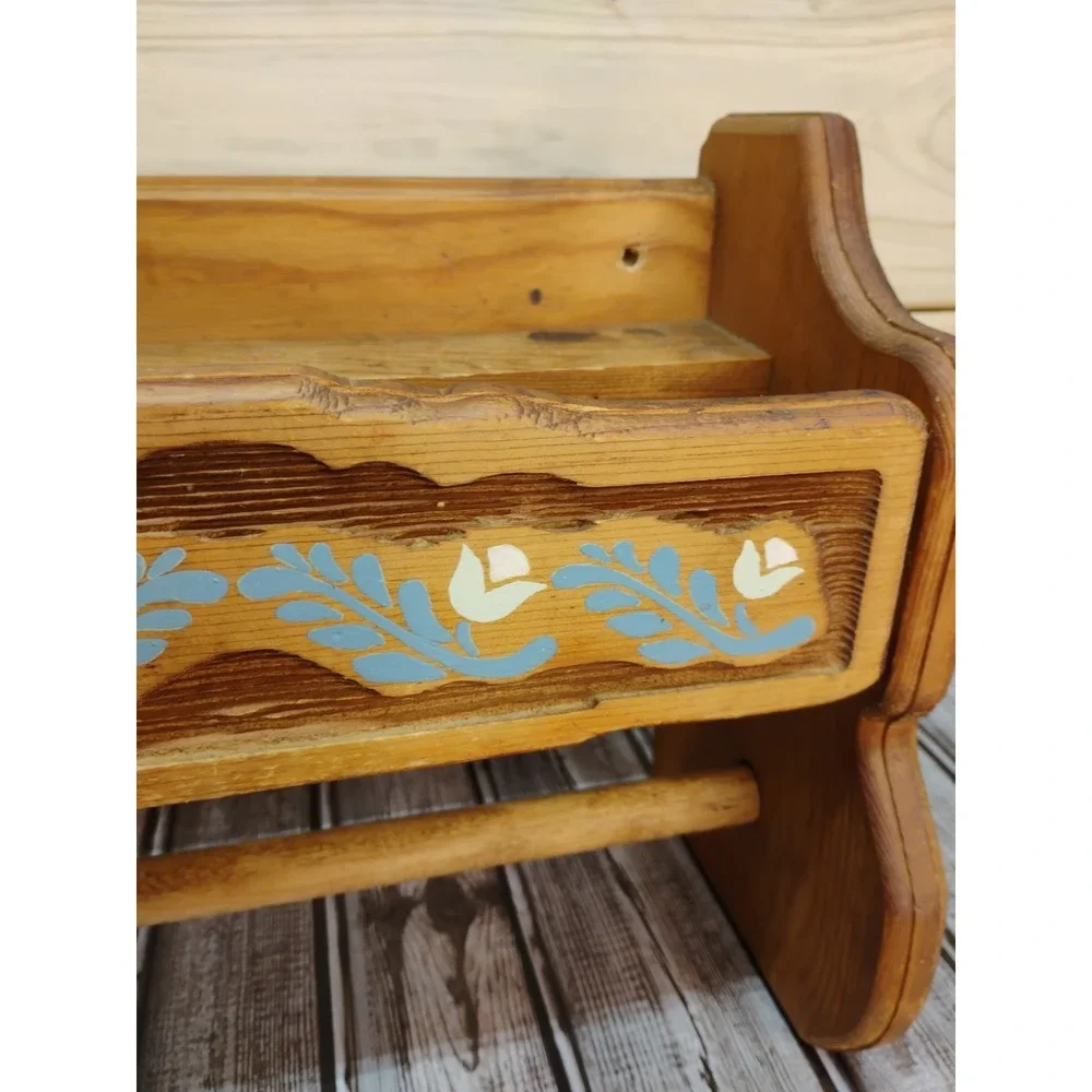 Wooden Wall Mount Shelf Paper Towel Holder Kitchen Folk Cottage Country Vtg